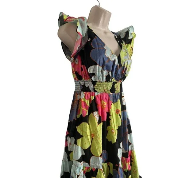 ModCloth Honolulu floral black ruffle cap sleeve tiered maxi dress Size XS NEW - Picture 5 of 14